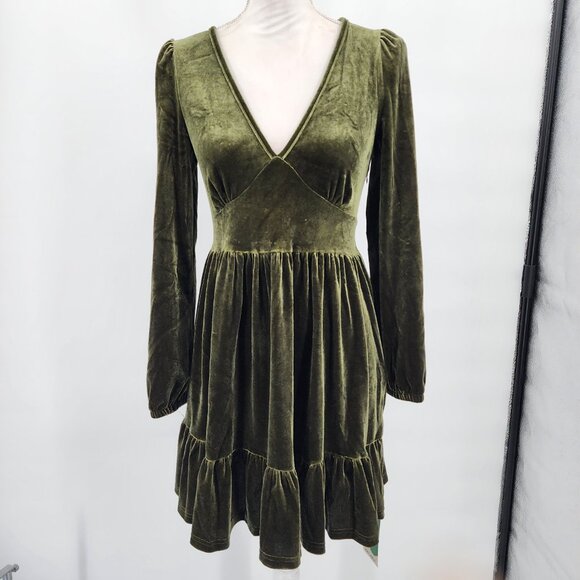 HALARA Deep V Neck Ruffled Hem Velvet Rifle Green Mini Party Dress XS NWT - Picture 2 of 11